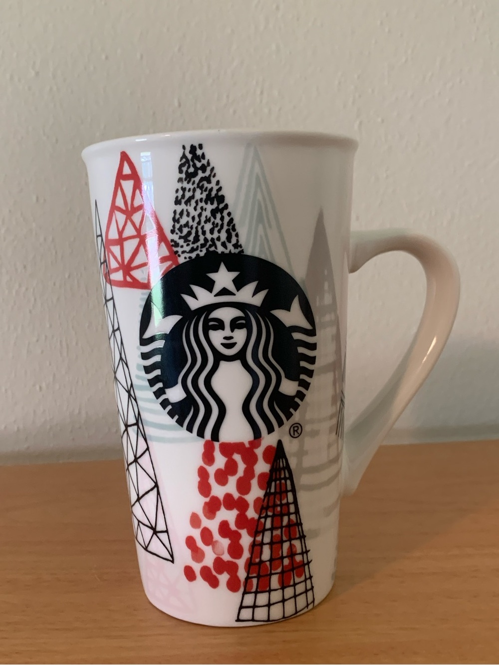 Starbucks Mug Geometric Abstract Trees 16oz Tall Latte Black Red Gray Green